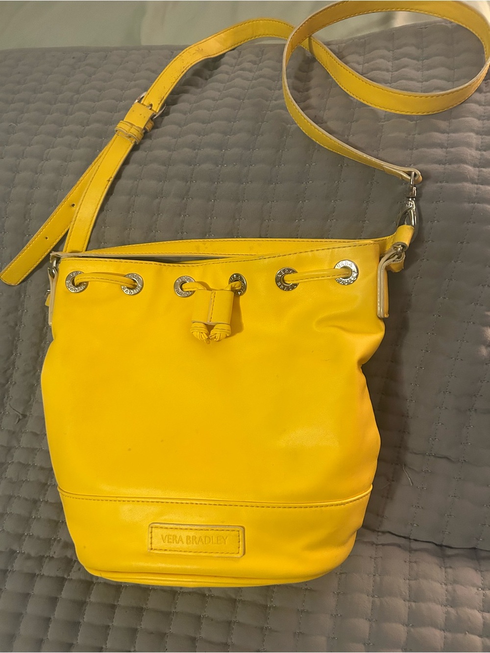 Vera Bradley Yellow Leather Drawstring Crossbody Bucket Bag